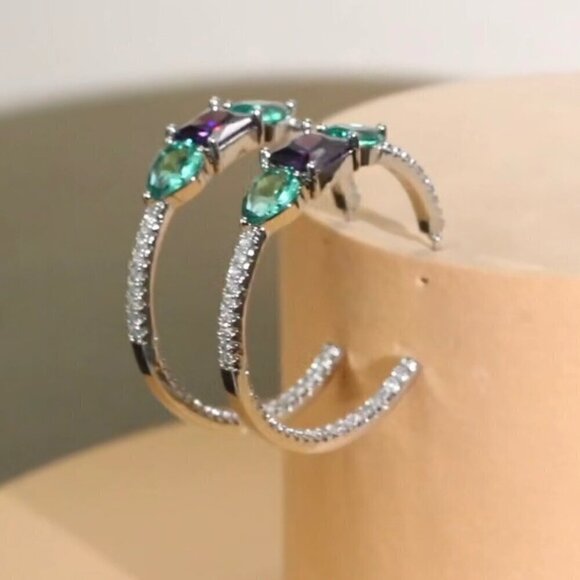 NWT Statement Hoop Earrings 14K Gold Plated Green CZ Purple Green Crystals - Picture 7 of 12